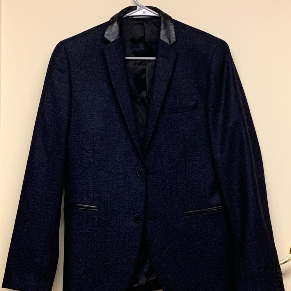 H&M blazer blue wool tweed herringbone classy